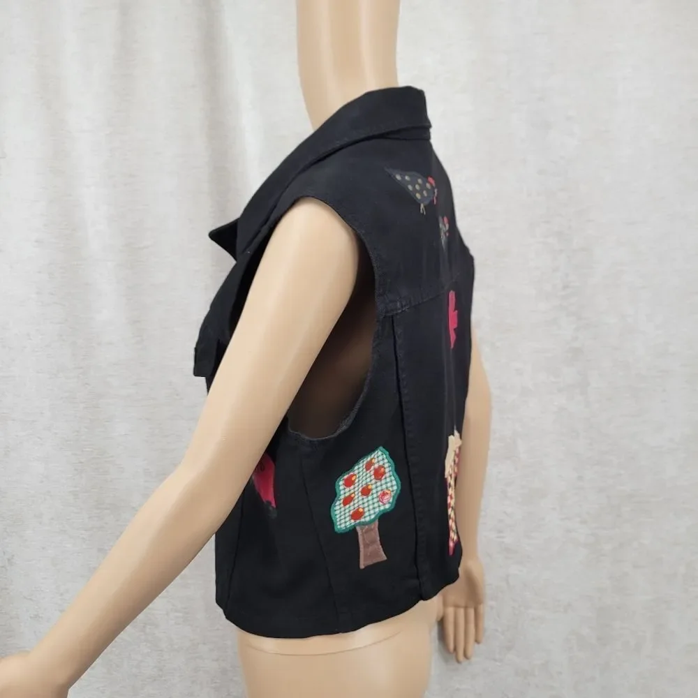 Vintage 80s Black Denim Vest with Embroidered Patches Chickens Farmcore - Picture 9 of 16